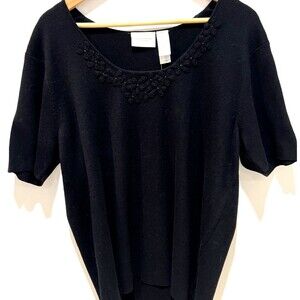 Liz Claiborne Woman's Black Linen Cotton Short Sleeve Sweater Floral Applique 2X